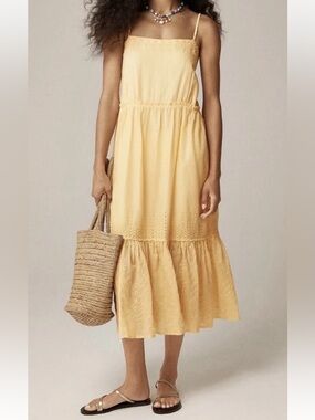 $198 J. Crew Yellow Sorrento Embroidered Voile Eyelet Midi Cotton Dress M Medium